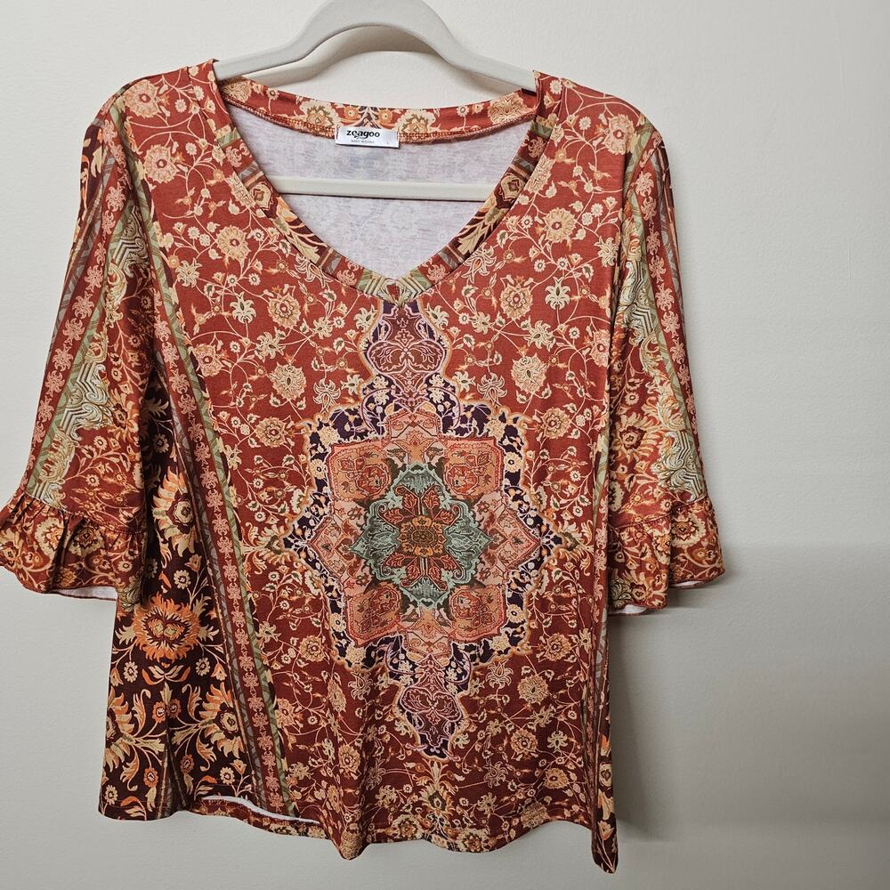 Boho Rust Blouse Floral 3/4 Sleeves SZ L | Zeagoo